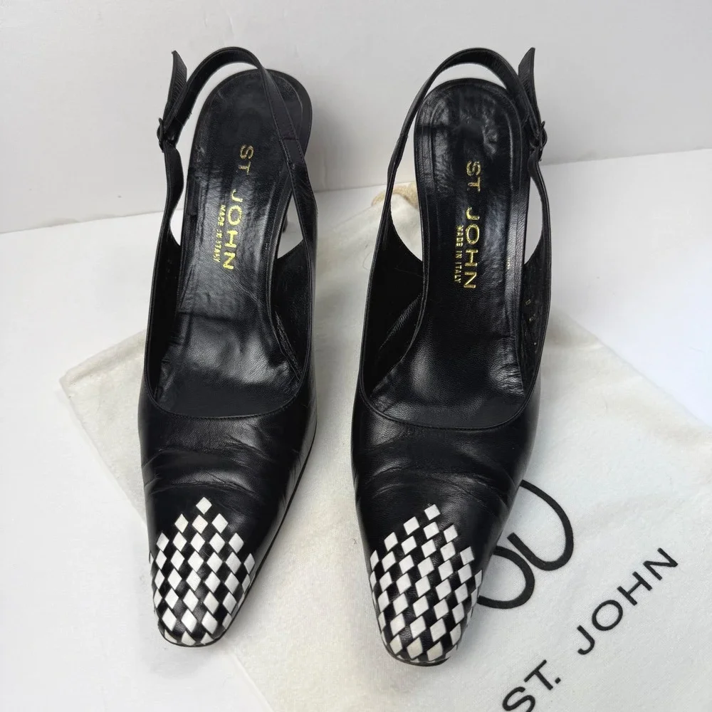 Vintage St. John Anna Slingback Pumps Two Tone Kitten Heel 8B Blk Leather‎ Italy